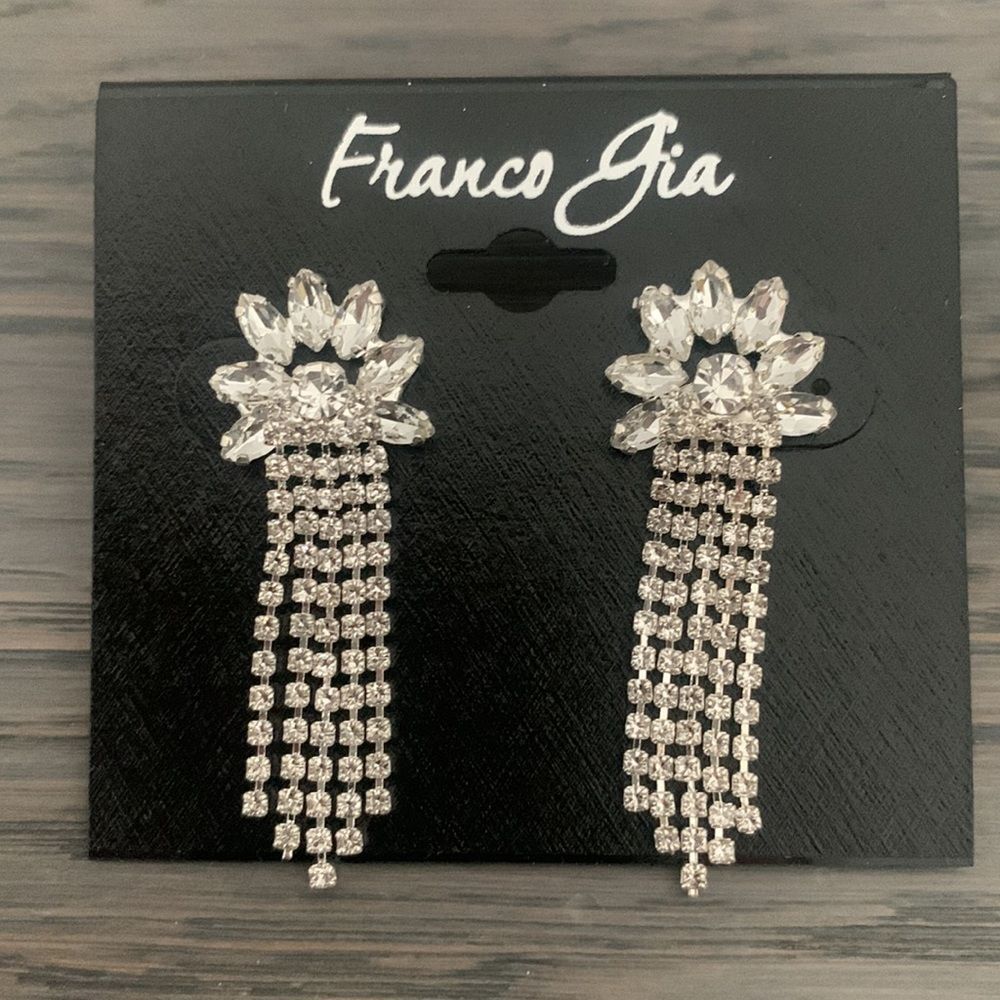 Fringe Crystal Flower Drop Earrings Silver Tone Franco Gia